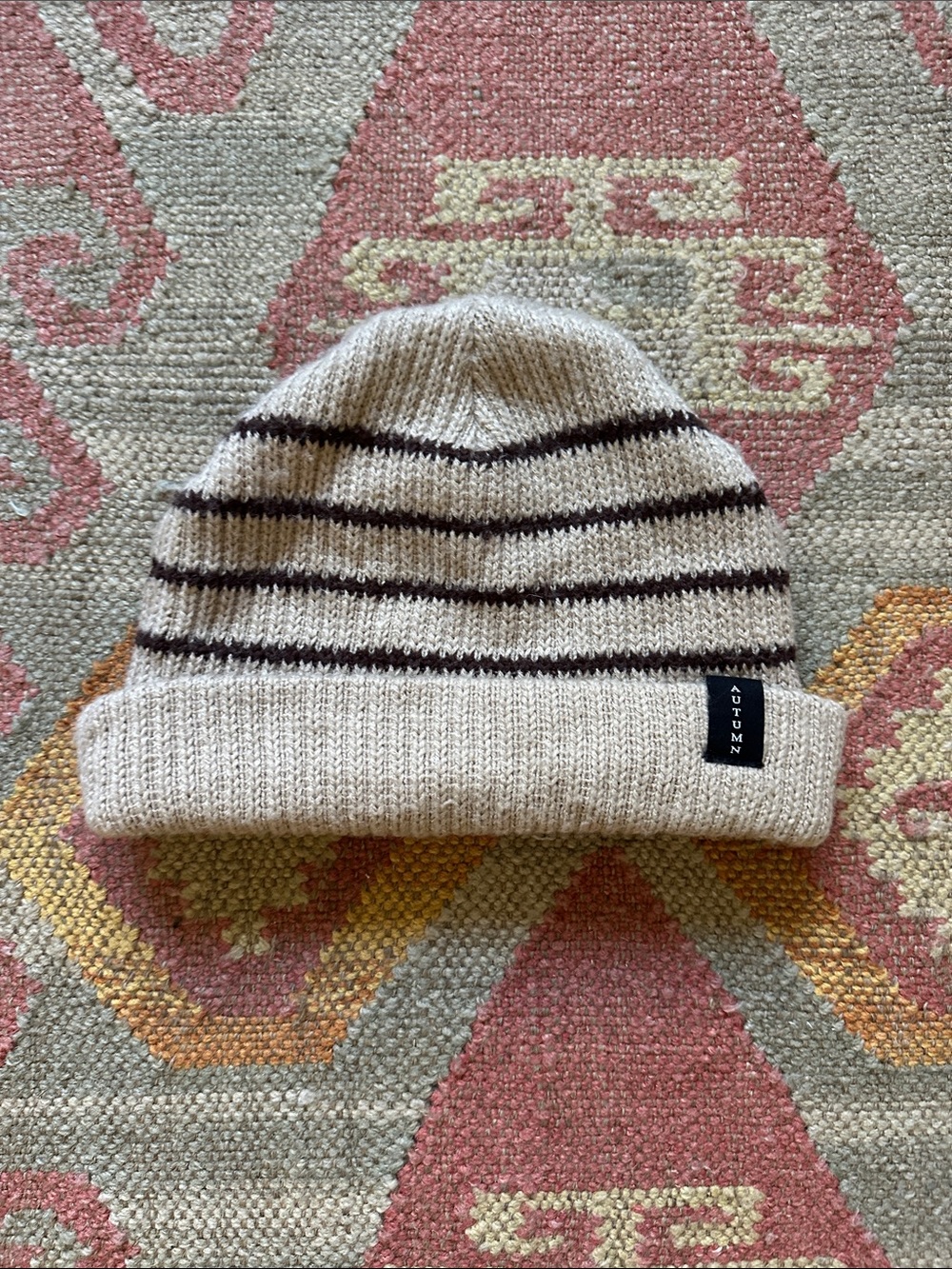 Autumn Striped Knit Beanie - tan and brown